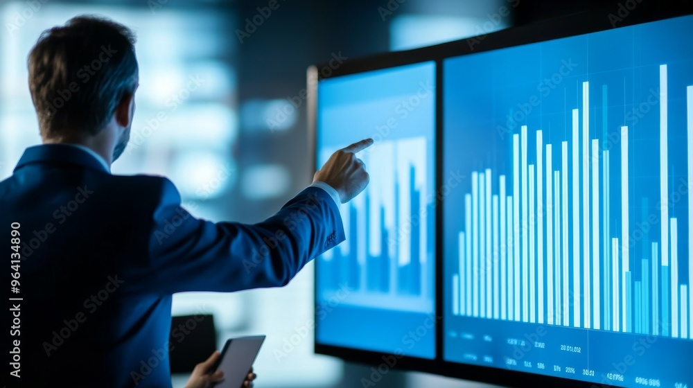 Fototapete A businessman pointing at a large bar graph displayed on a screen during a meeting, explaining market trends to colleagues, symbolizing teamwork and analysis.