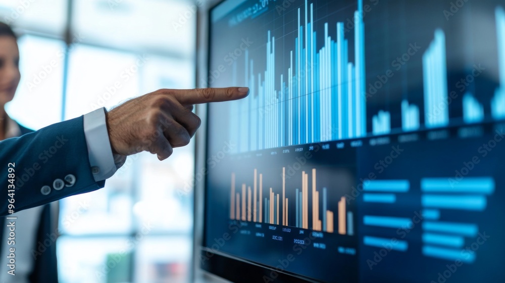 Fototapete a businessman pointing at a large bar graph displayed on a screen during a meeting, explaining marke