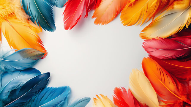 Multicolored bird feathers on white background, empty space in the center