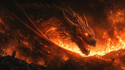 Fototapeta premium Ogromny smok, który w nocy zionie płomieniami ognia, rzucając je na tło pełne ciemności.
