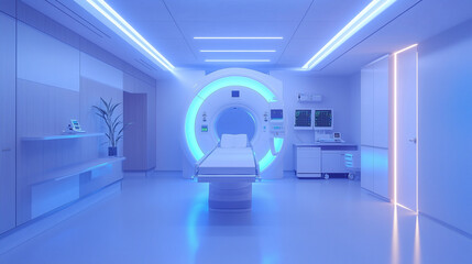 Nowoczesna sala tomografii komputerowej, gdzie centralnym punktem jest zaawansowane technologicznie urządzenie CT. Wnętrze jest jasne, przestronne i dobrze zorganizowane.