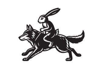 Fototapeta premium A hare riding a wolf. Vintage engraving vector illustration, emblem, logo, icon, Isolated object 