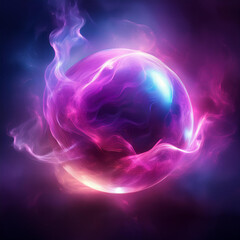 Abstract round magical energy sphere. Glowing electric ball in neon pink purple clouds of smoke.