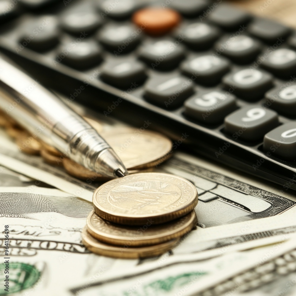 Sticker Close-up of calculator, pen, coins, and dollar bills.