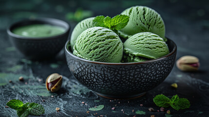 Fototapeta premium Gourmet Pistachio Ice Cream with Fresh Mint Garnish