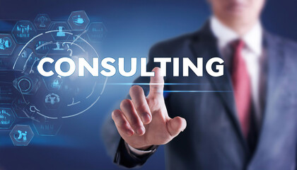 Fototapeta premium Consulting concept with businessman pointing on virtual screen