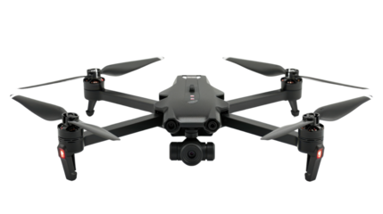 A black drone with a camera on it