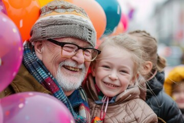Grandfather and grandson take a selfie together with colorful balloons as a background.