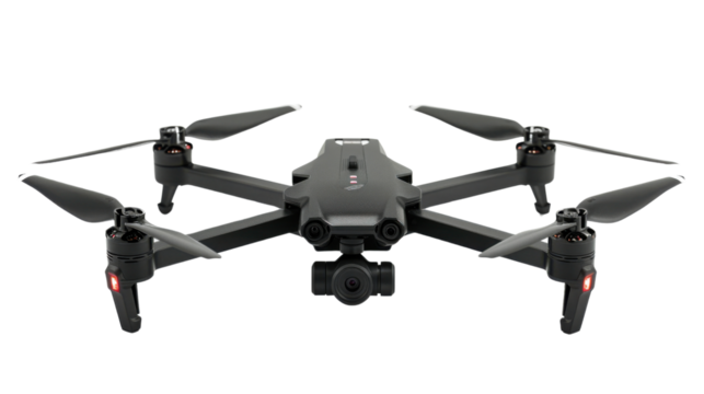 A black drone with a camera on it