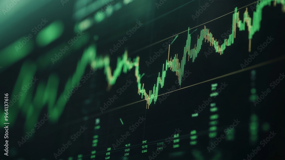 Aufkleber A close-up of a digital financial chart on a computer screen showing a bullish trend, with rising green lines and data points, symbolizing market growth.