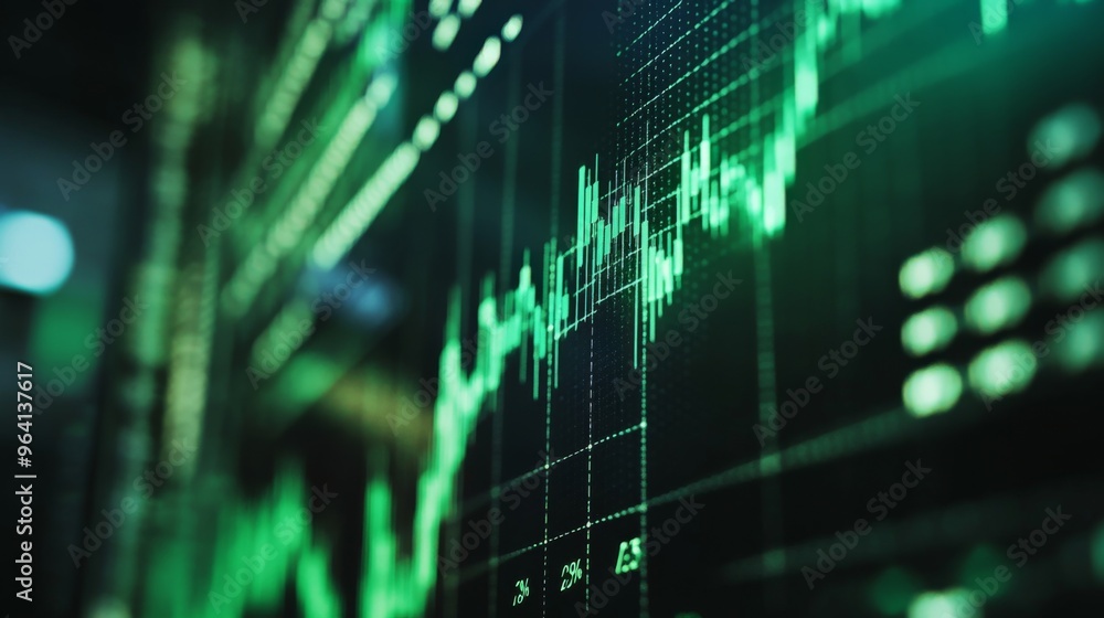 Aufkleber A close-up of a digital financial chart on a computer screen showing a bullish trend, with rising green lines and data points, symbolizing market growth.