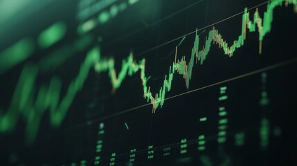 Fototapeta premium A close-up of a digital financial chart on a computer screen showing a bullish trend, with rising green lines and data points, symbolizing market growth.