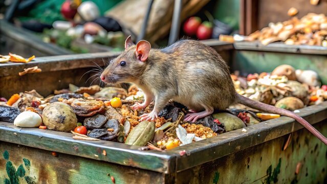 A dumpster overflowing with rotting trash, fetid maggots crawling on top, and a stray rat rummaging through the putrid heap