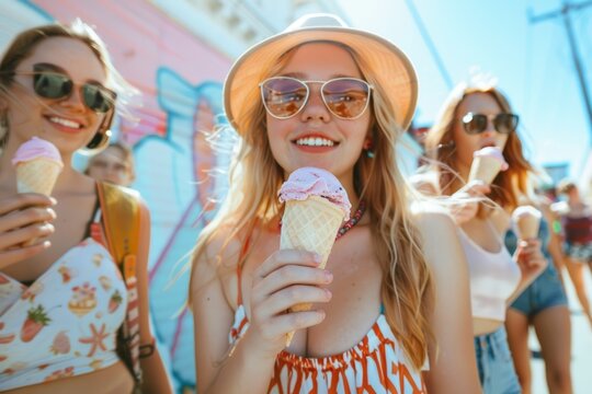 Group of beautiful girl friends Enjoy the taste of ice cream on the streets on a sunny day in the city.