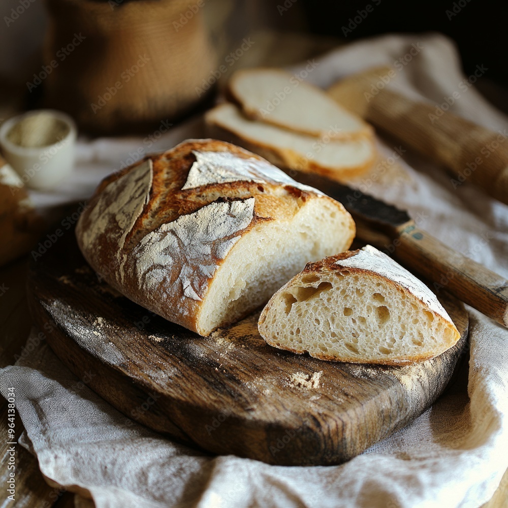 Wall mural Closeup of sliced sourdough bread on a rustic wooden board.