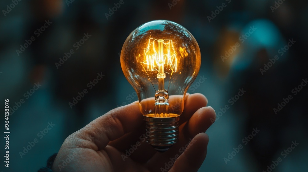 Poster A close-up of a hand holding a light bulb with a glowing filament, symbolizing a powerful and transformative idea
