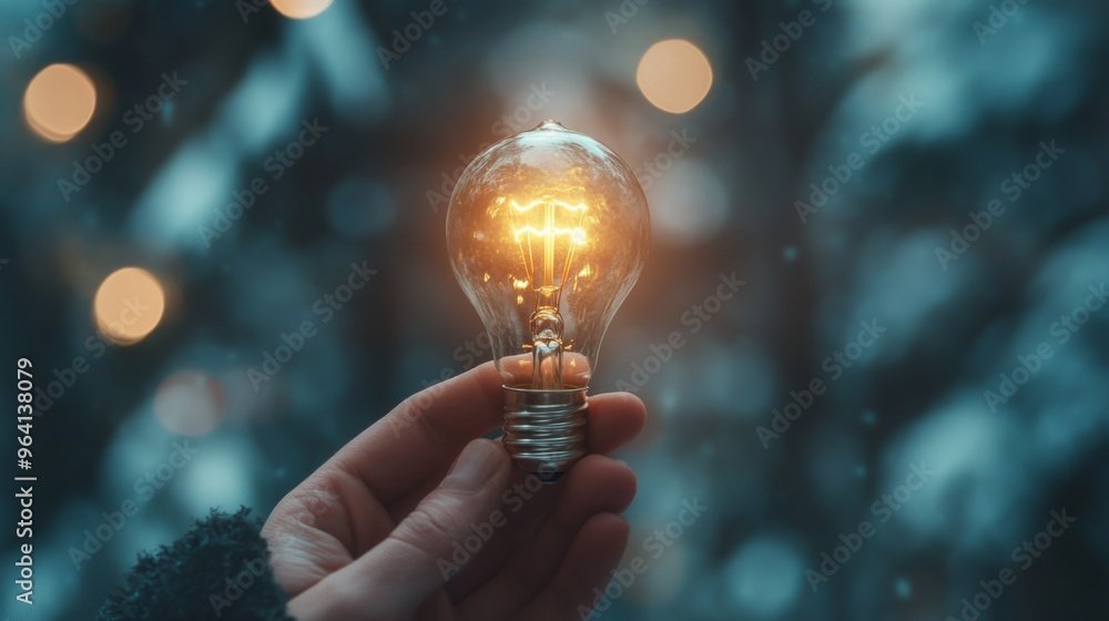 Poster a close-up of a hand holding a light bulb with a glowing filament, symbolizing a powerful and transf