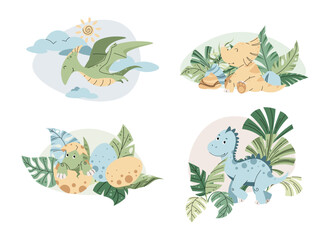 Set of Cute cartoon dinosaurs among tropical plants. Ancient lizard in flat style. Children s illustration of baby dino for design of clothes, wallpaper, greeting cards, etc.