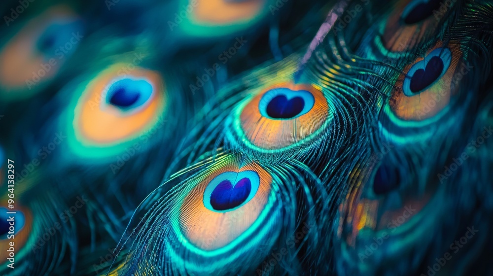 Sticker Close-up of vibrant peacock feathers with a turquoise, blue, and orange pattern.