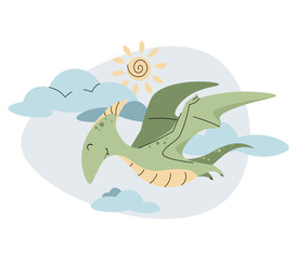 Cute cartoon dinosaur flying among clouds. Ancient flying lizard in flat style. Pterodactyl children s illustration for clothing design, wallpaper, greeting cards, etc © Siawi_art