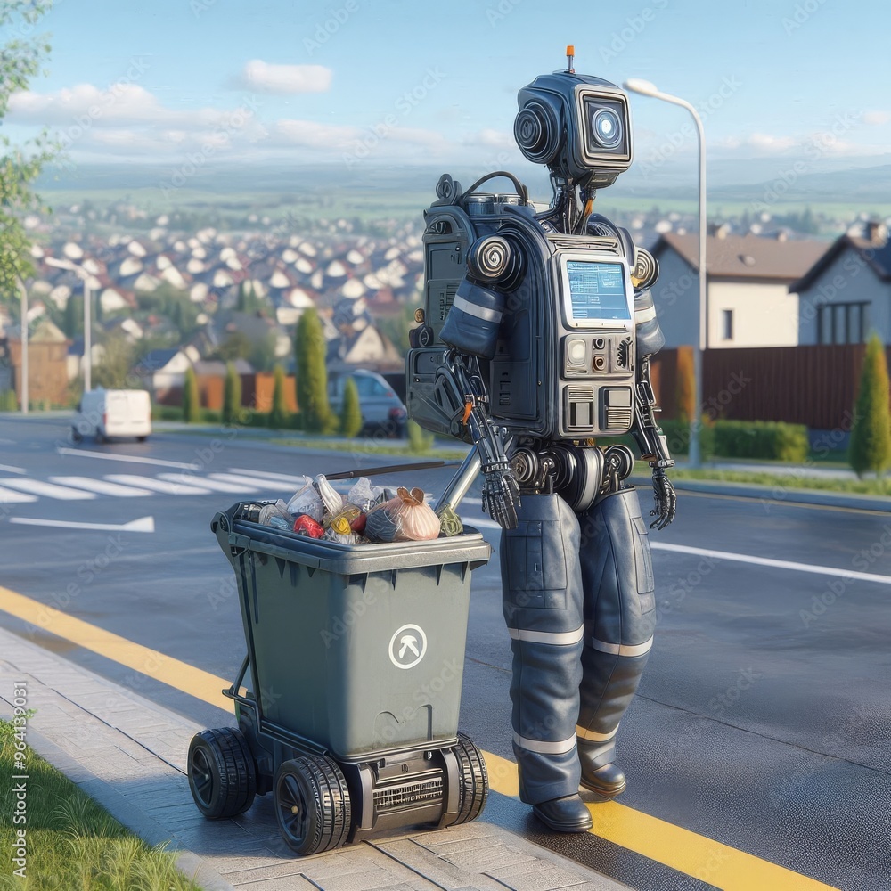 Poster innovative robot efficiently collecting trash on a suburban street, demonstrating the integration of