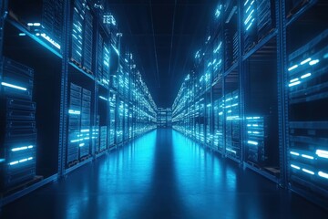 Fototapeta premium A digital blue automated storage system with glowing data streams, symbolizing the optimization of artificial intelligence in warehouse management and inventory control