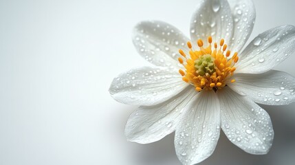 A close-up of a white flower with water droplets on its petals.