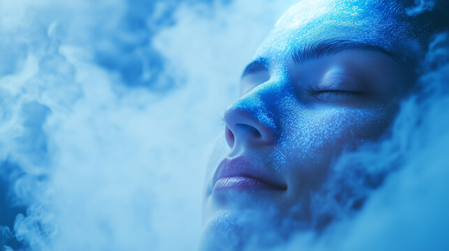 Close-up of a serene face undergoing cryotherapy treatment, surrounded by cold steam and glowing blue light