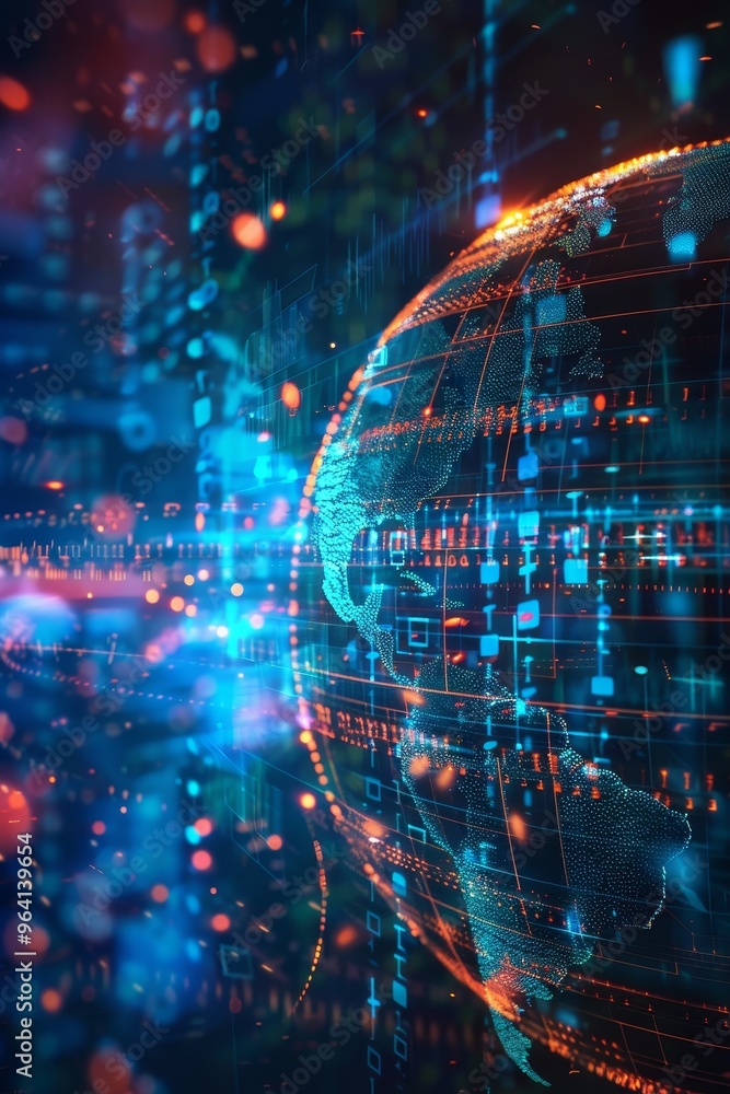 Poster illuminated earth surrounded by digital data streams representing global connectivity and technology