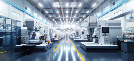 Modern clean factory with large scale CNC milling machines. A bright and organized production factory or plant. DX, iOt, industry 4.0 concept. Generative AI. 