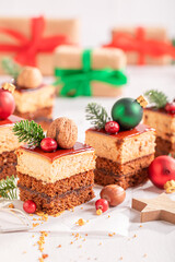 Aromatic Christmas cake with gingerbread and caramel glaze..