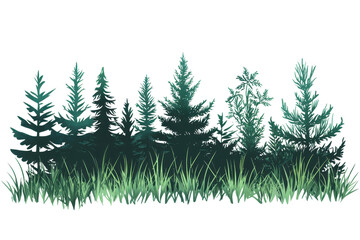 Illustration of a dark evergreen forest with tall pine trees and lush green grass, capturing the serenity and mystery of nature.
