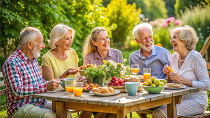 Cheerful senior group enjoying a picnic at a garden table with beautifully arranged food and flowers