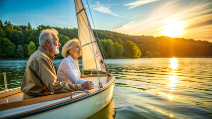 Fototapeta premium Elderly couple sailing on a lake at sunset, enjoying the beautiful scenery 