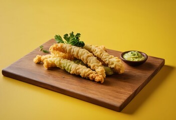 Crispy Fried Food with Green Sauce and Parsley on Yellow Board