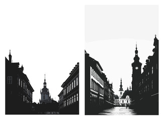 Historic Cityscape in Black and White Vector Illustration