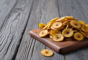 Thinly Sliced Banana Chips on Rustic Wooden Cutting Board
