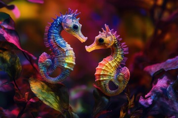 Fototapeta premium Charming print of two cute, vividly colored baby seahorses amidst a nature-inspired background, emphasizing their unique and vibrant hues