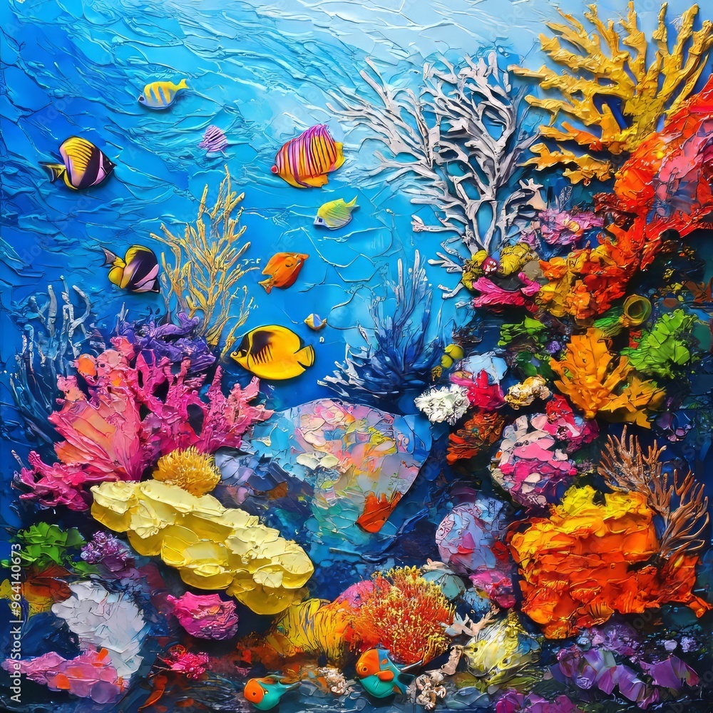 Sticker Colorful fish swim amongst vibrant coral and sponges in a tropical underwater scene painted in a textured style.