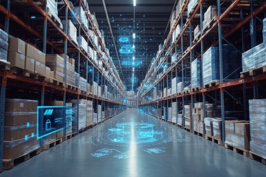 Smart warehouse infrastructure featuring integrated IoT technology, facilitating efficient information exchange and anticipatory upkeep 