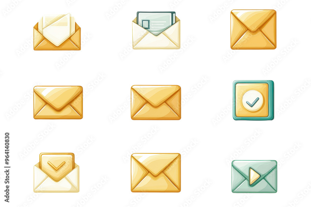 Poster set of envelope icons in various states, perfect for illustrating communication or email themes in d