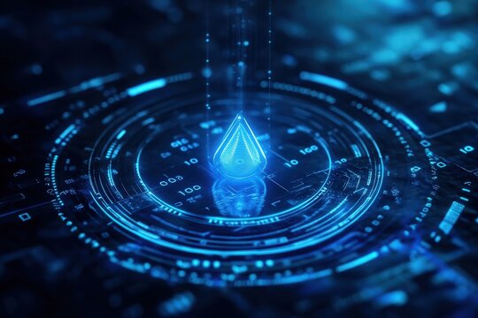 Tech-inspired blue water sensor icon featuring digital binary elements, representing AI applications in water management, hydrological analysis, and eco-friendly monitoring efforts