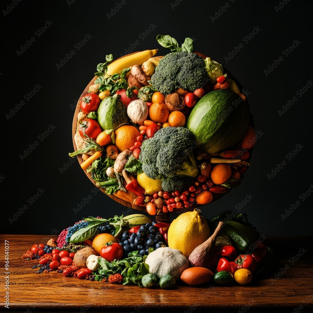 Poster Colorful fruit and vegetable arrangement in a wooden bowl.