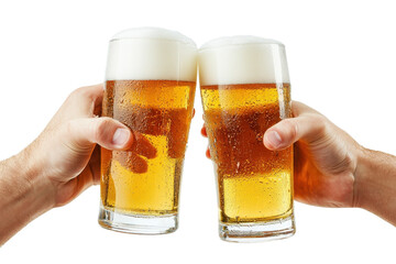 Two hands toasting with tall glasses of beer, isolated on transparent background. perfect for celebrating special moments or social gatherings.