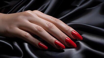 Elegant woman's hand with red nails on black silk background, beauty ad or fashion design
