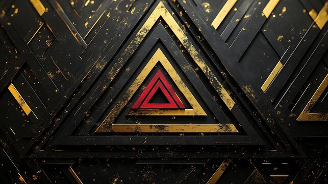 A black and gold geometric pattern with a red triangle in the center.