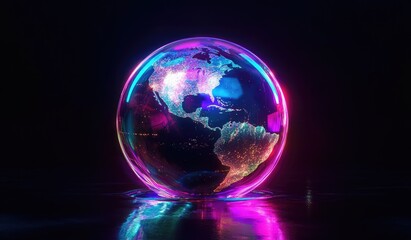 Neon Earth Globe With City Lights.