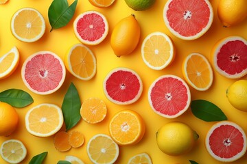 Various citrus fruits, including lemons, limes, grapefruits, and oranges, are beautifully arranged on a bright yellow surface, showcasing their vibrant colors and textures.