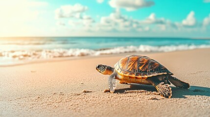 A baby turtle is walking on the beach