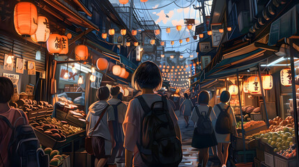 Naklejka premium A Japanese girl with short black hair walking through a bustling market at twilight 
